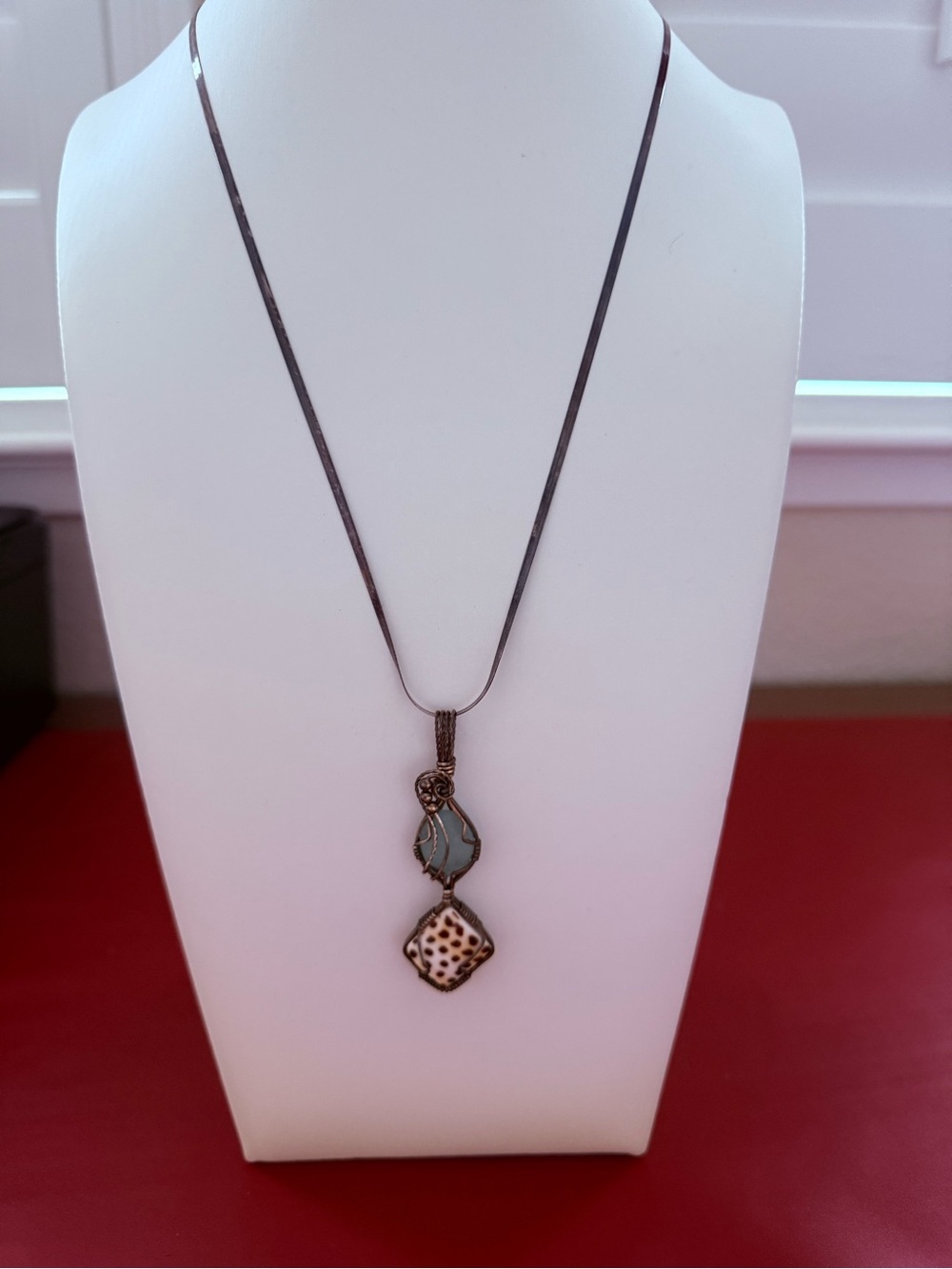 Artisan Chalcedony & Spotted Leopard Shell Silver Wire-Wrapped Necklace Pendant